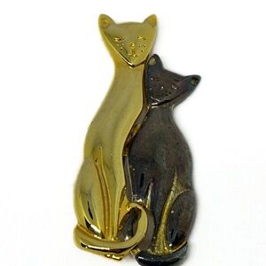 Silvertone Goldtone Double Cat Pin‎ Brooch
